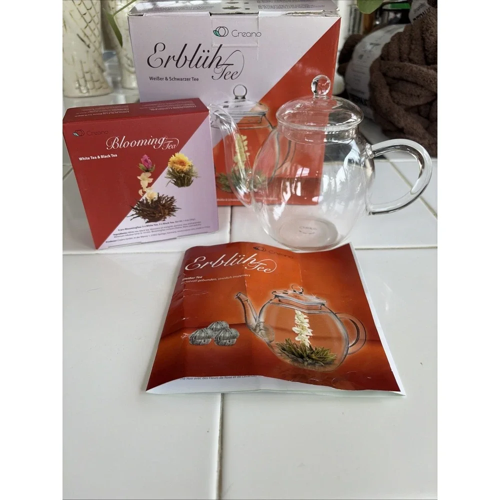 Cream Blooming Tea Gift Set with Glass Teapot 16.9oz  / 6 Pcs White & Black Tea